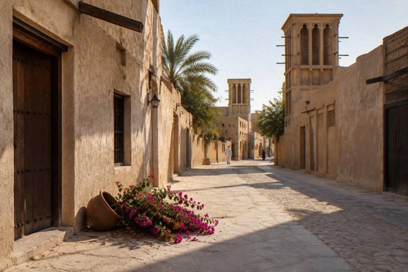 Early morning in Al Fahidi looking down a quiet lane of coral-stone houses and wind towers, long shadows across sandy paving, a potted bougainvillea tipped over by a doorway.