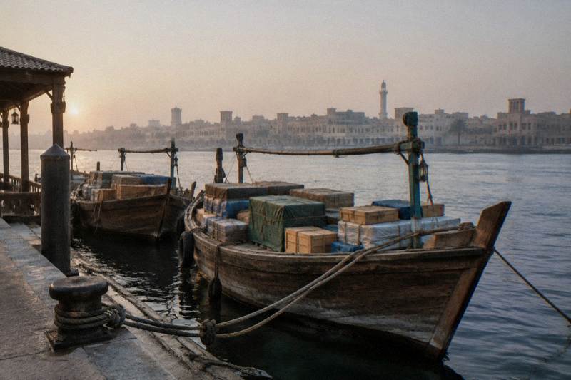 Wooden dhows moored side by side along Dubai Creek on an early hazy morning, cargo crates stacked on the decks.