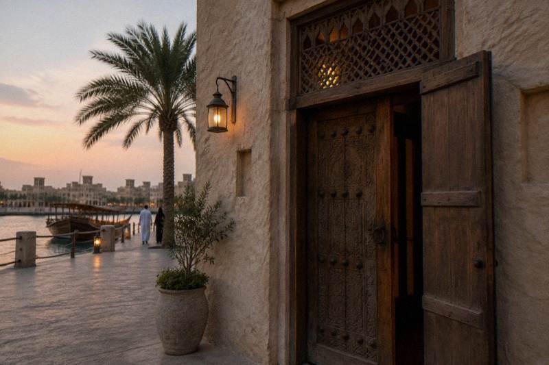 A carved wooden doorway with a lattice screen above it, set in warm gypsum-rendered heritage walls at dusk in Al Seef.