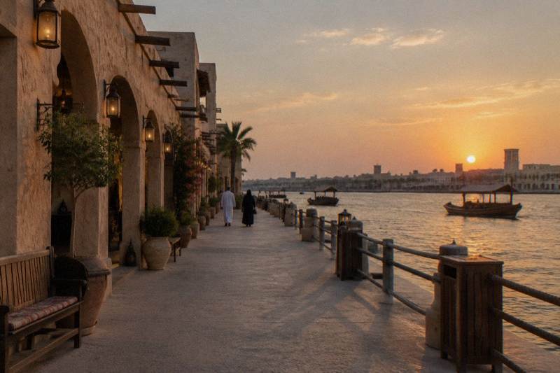 The Al Seef creekside promenade at golden hour, with its low heritage arcade and two distant walkers seen from behind.
