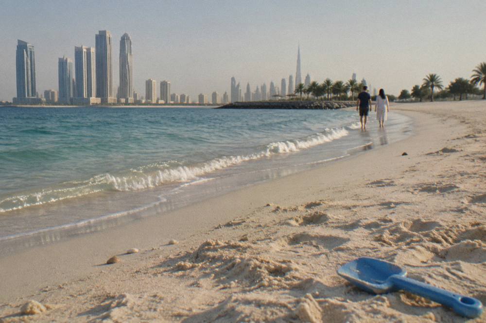 Public beach with soft sand and gentle waves under an open sky
