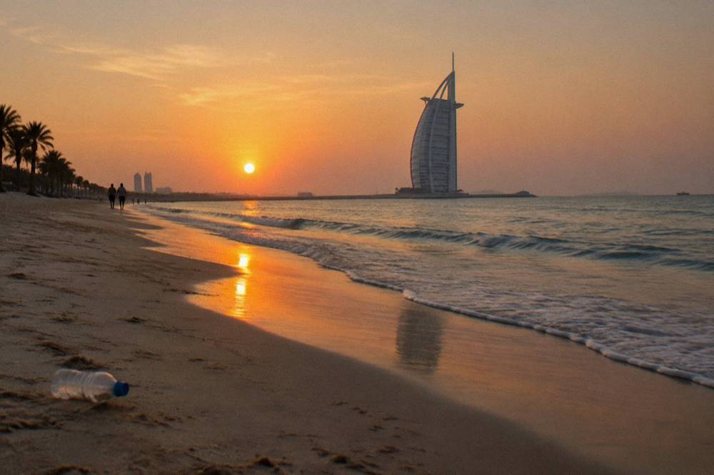 Calm sea and empty sand at a Dubai public beach in late afternoon light