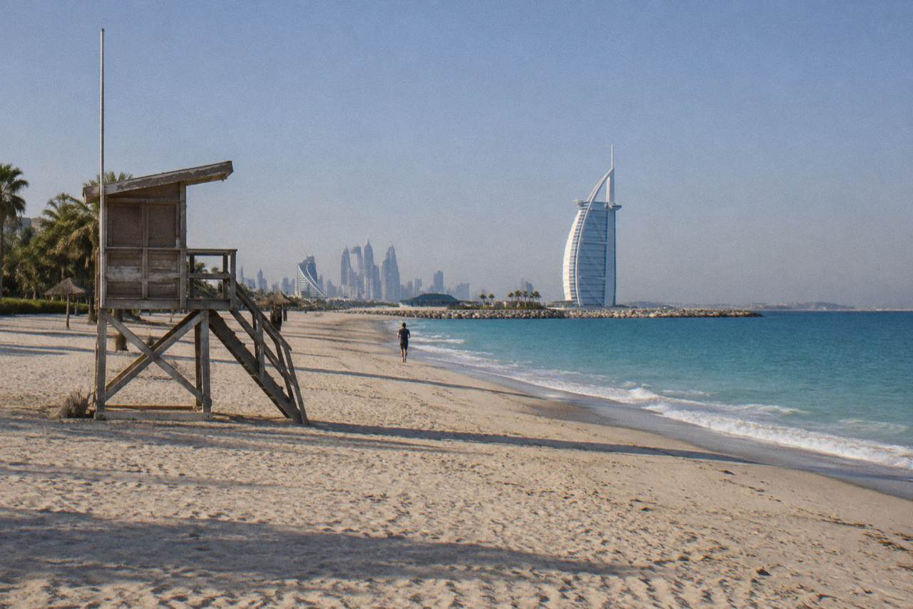 Open sandy public beach along the Dubai coastline on a clear day