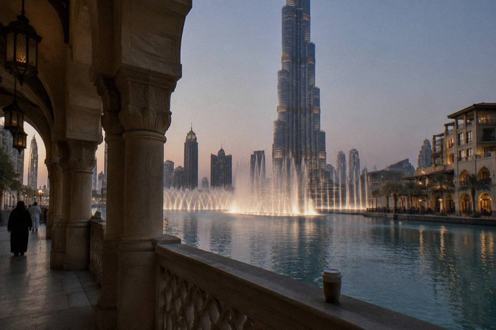 Evening view across a lake toward illuminated fountains and a tall tower