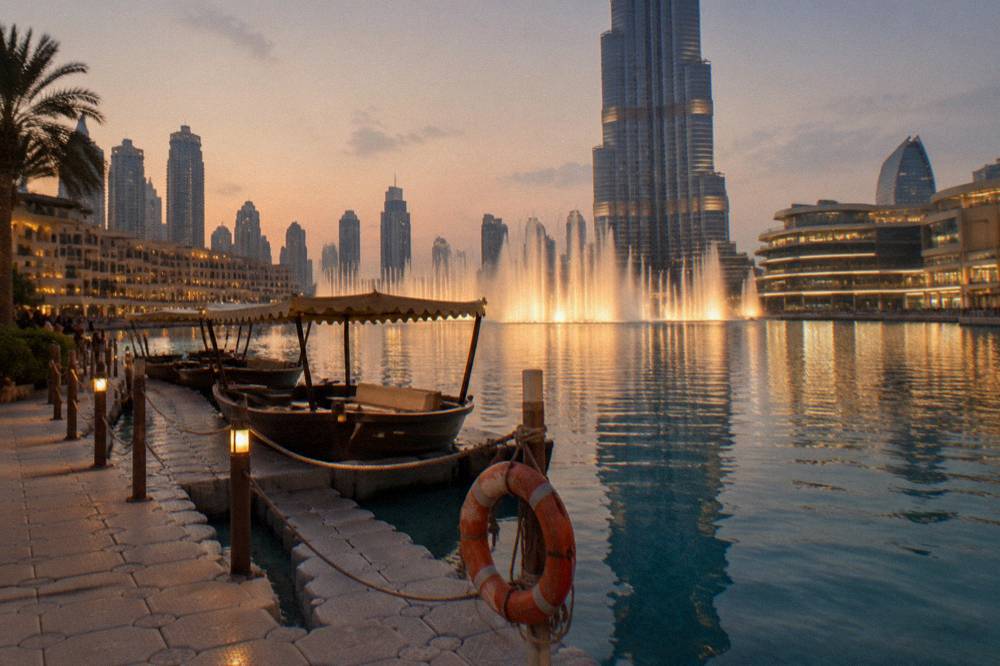 Boats and a promenade beside a city lake at dusk