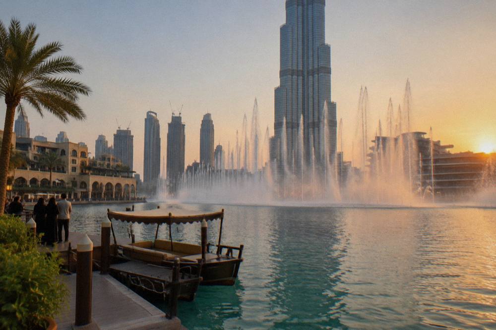 The Dubai Fountain water jets in front of the Burj Khalifa seen across Burj Lake