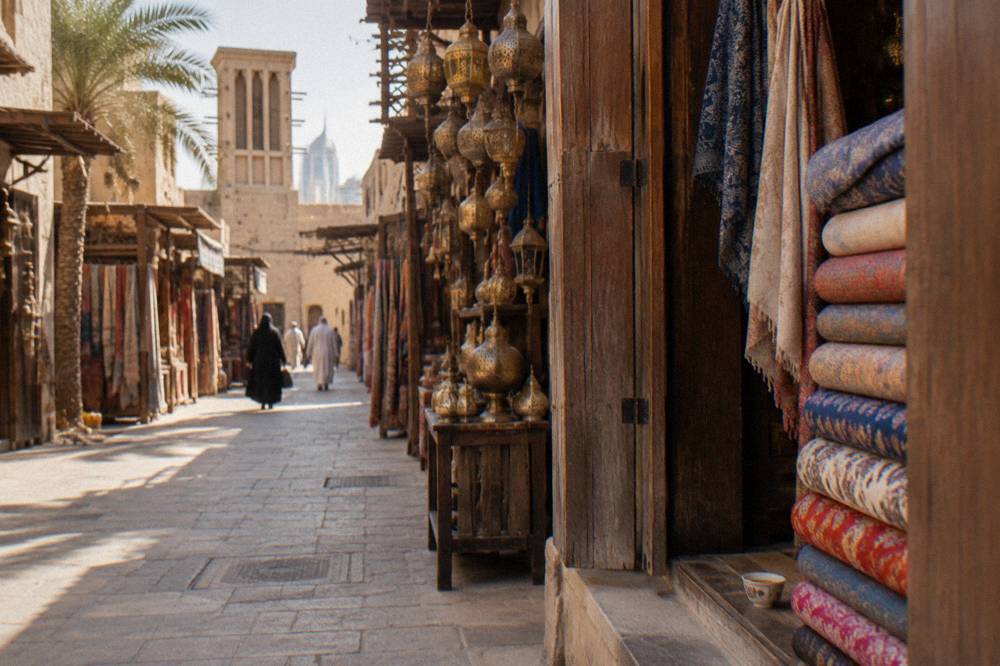 Shopfronts and lanterns along a souk lane in old Dubai