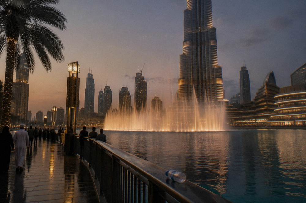 The Dubai Fountain lake and promenade in front of the Burj Khalifa at dusk