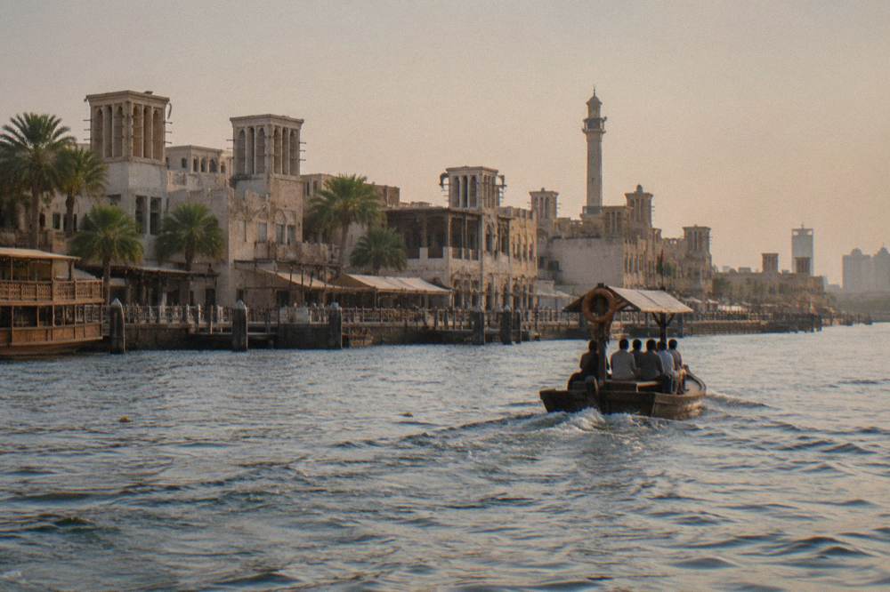 Traditional wooden abra boat on Dubai Creek near heritage buildings