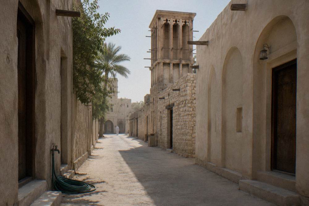 Narrow lane of old Dubai heritage buildings with wind towers and arched doorways