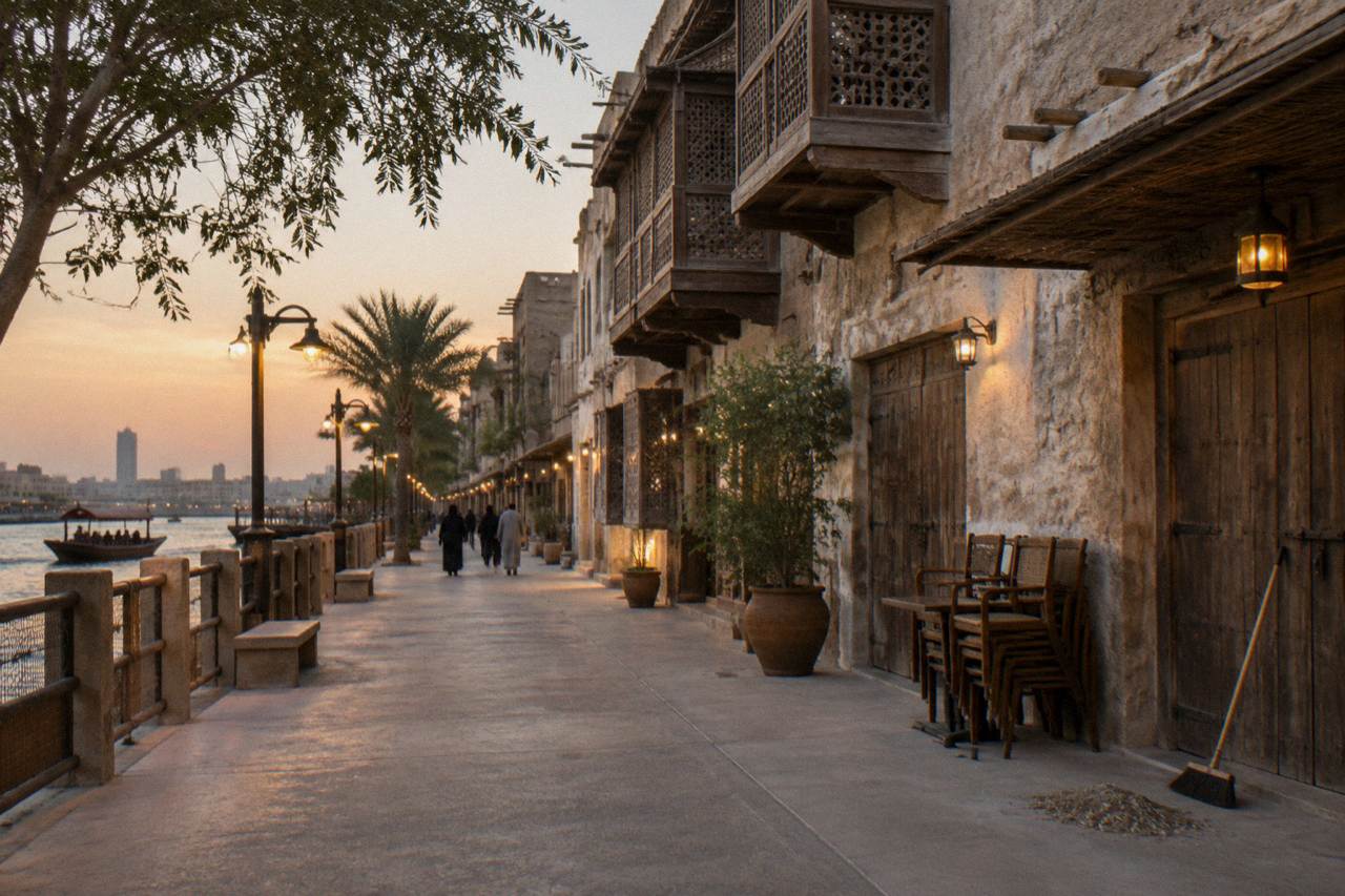 A quiet Dubai waterfront street in warm evening light