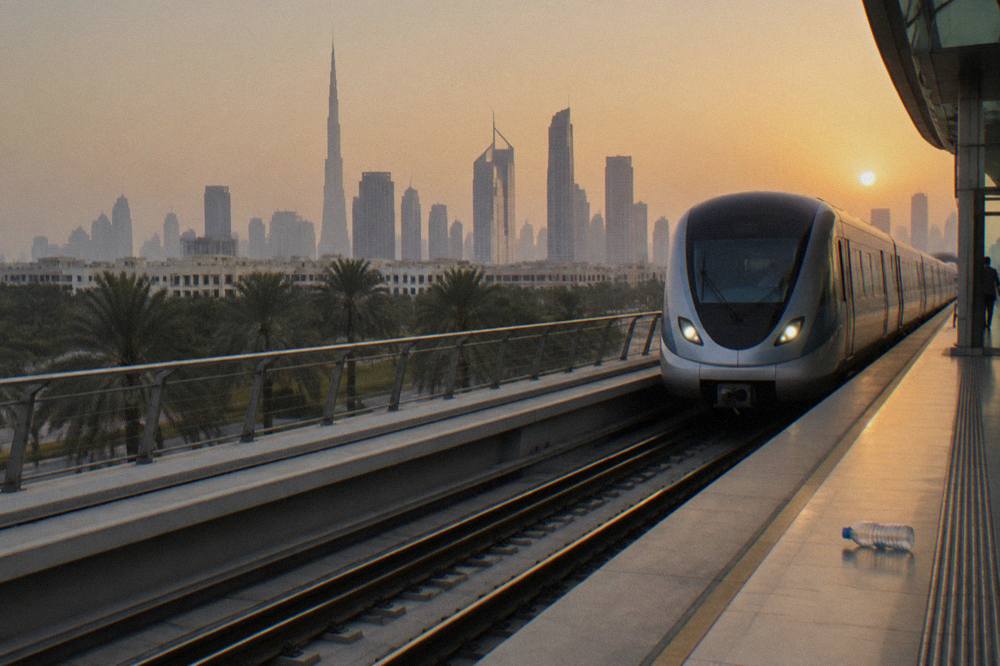 A Dubai Metro train arriving at an elevated station platform