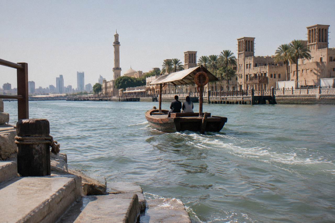 A wooden abra boat crossing Dubai Creek between Bur Dubai and Deira in daylight