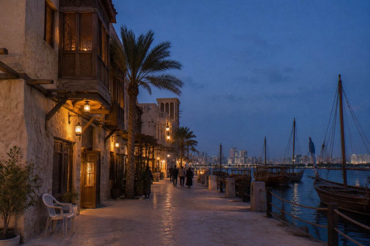 Heritage-style buildings along a creekside street in Al Seef
