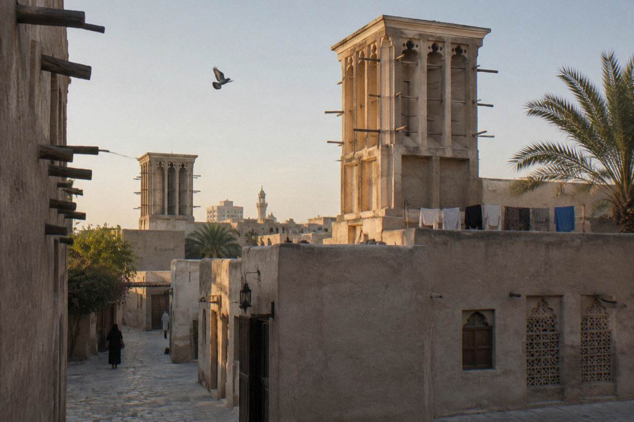 Traditional wind tower buildings in the Al Fahidi Historical Neighbourhood of old Dubai under a clear sky