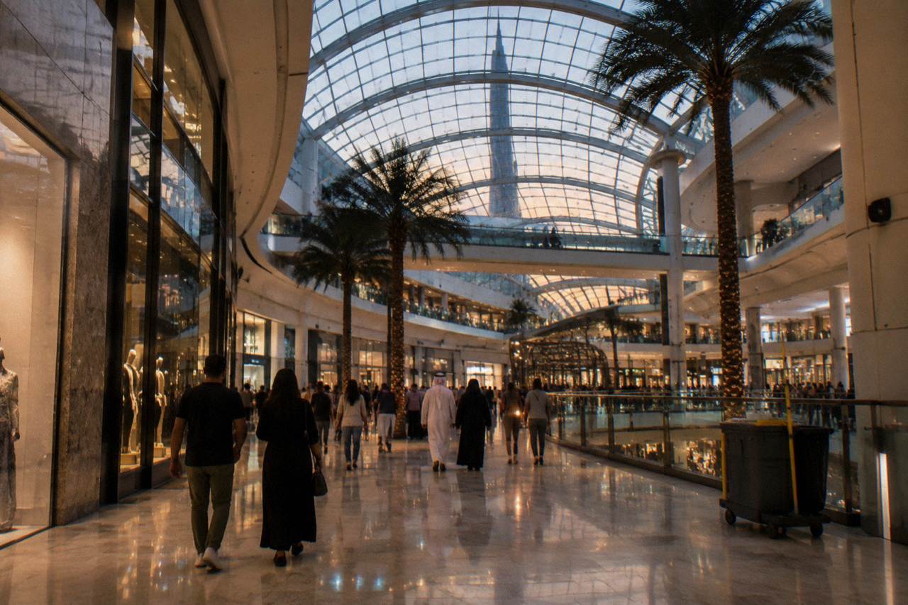 A wide shopping mall interior with a high glass ceiling and polished floors