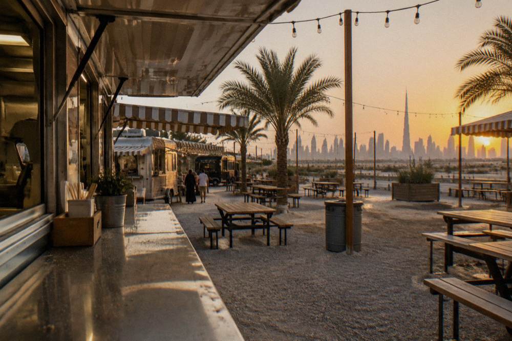 Stall awnings and lanterns in a Dubai seasonal market walkway in late afternoon light
