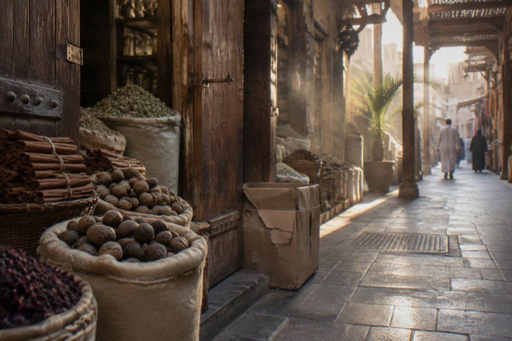 Shopfronts and lanterns in a Dubai souk market lane