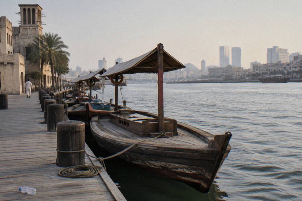 Wooden boats moored along the creek in old Dubai