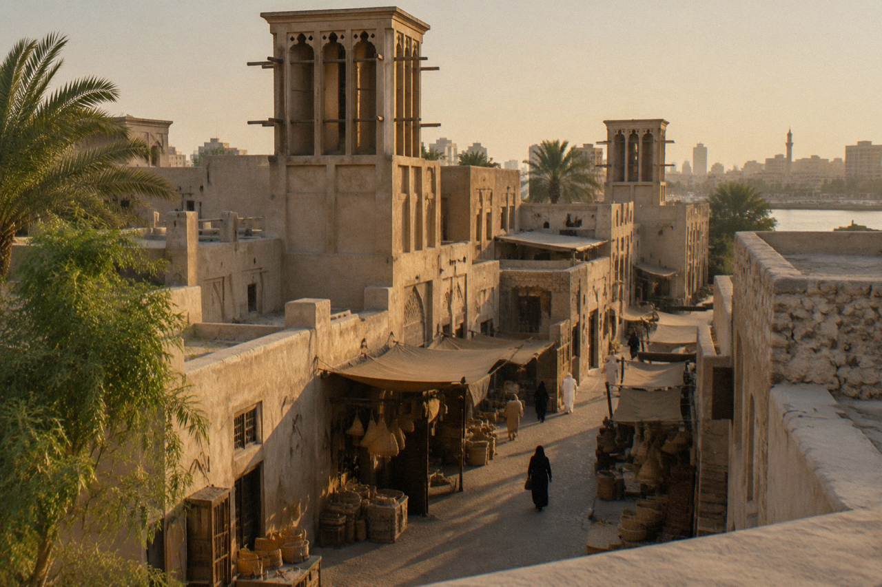 Traditional wind tower buildings along a heritage marketplace street in old Dubai