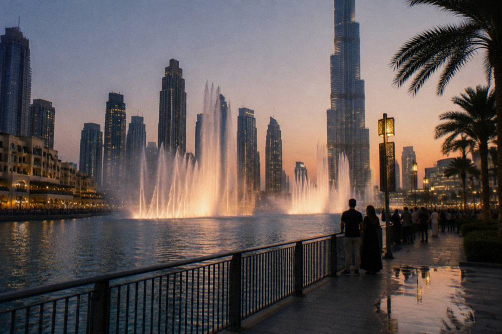Dubai Fountain water jets above a lake between buildings