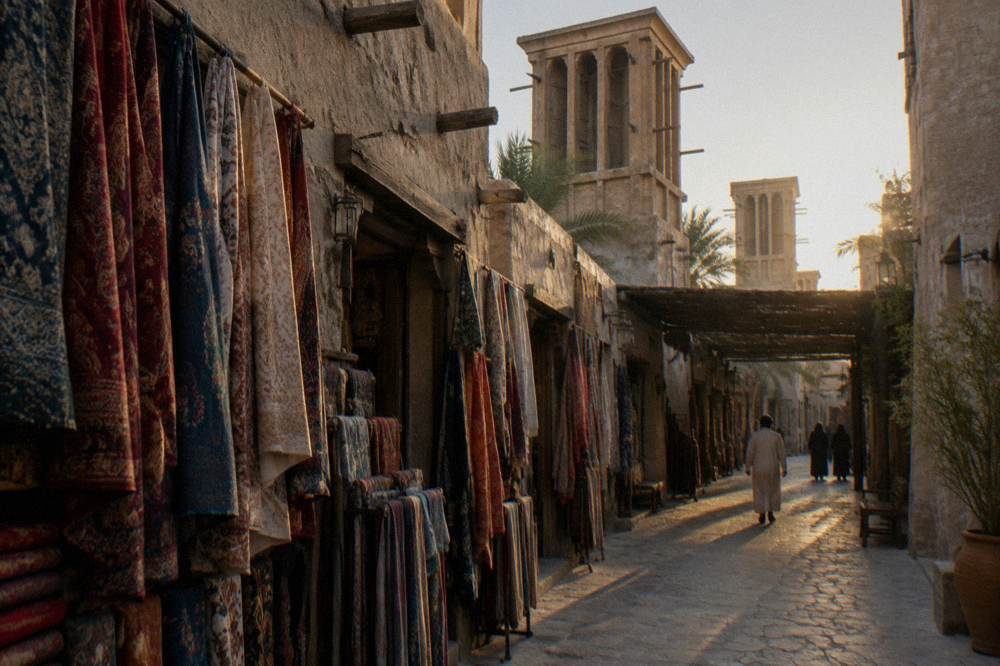 Narrow heritage street in Old Dubai with wind tower buildings