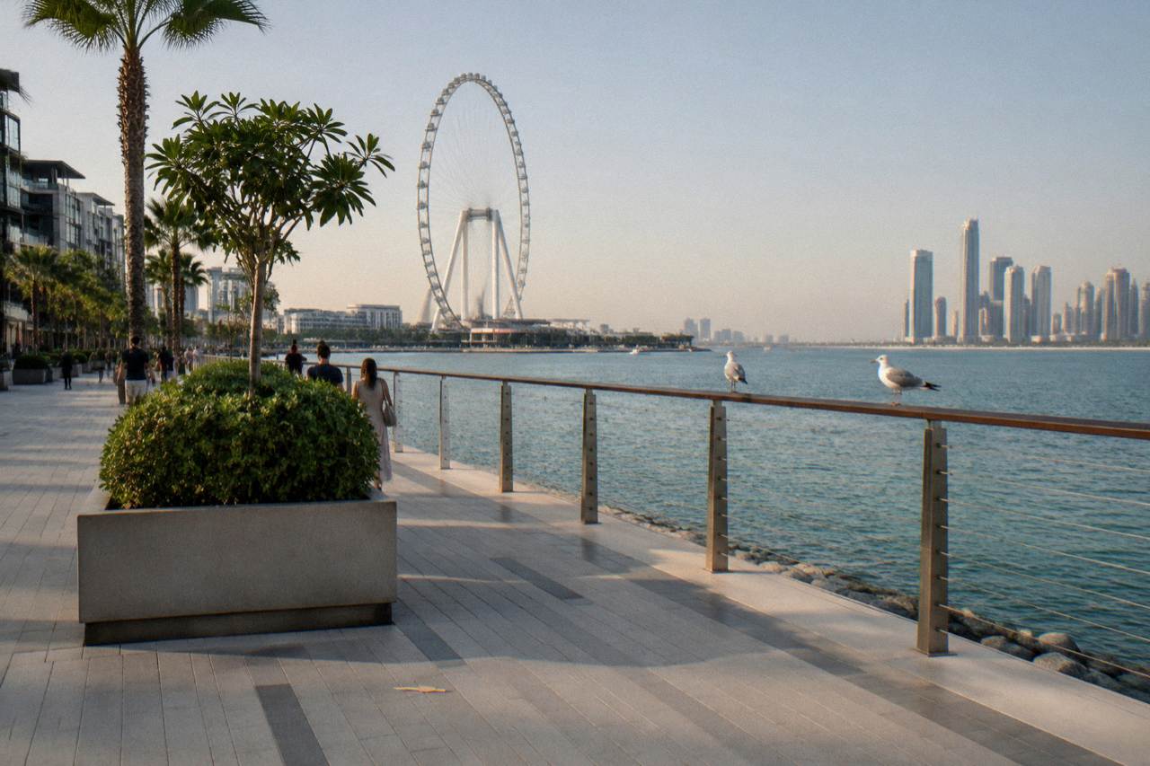Dubai waterfront promenade with calm water and open sky
