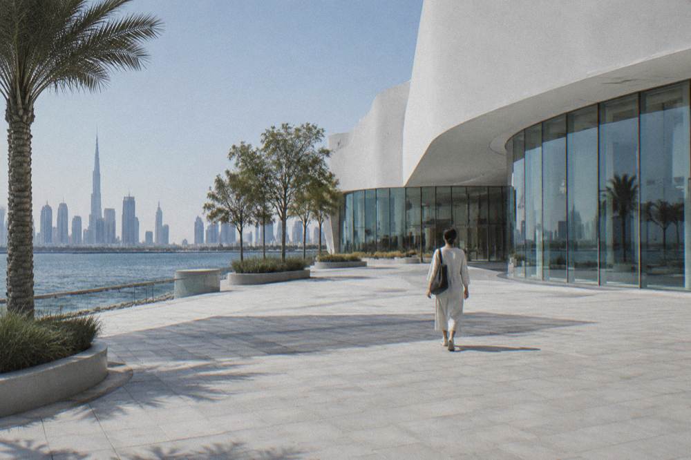 A modern glass museum building with curved white facades beside a plaza