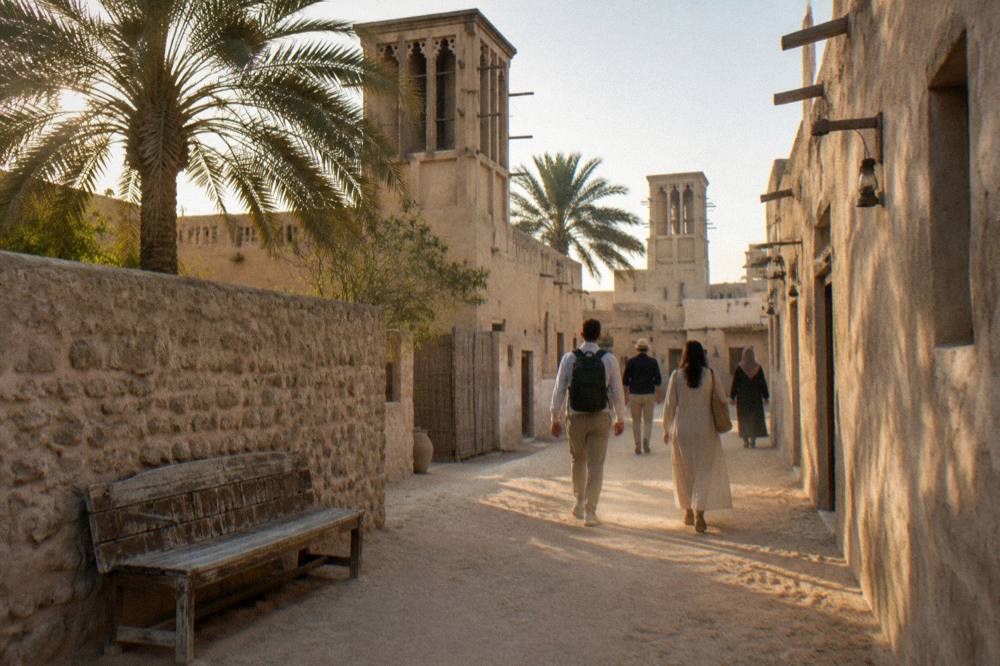 Walking tour group setting off from a courtyard in Al Fahidi