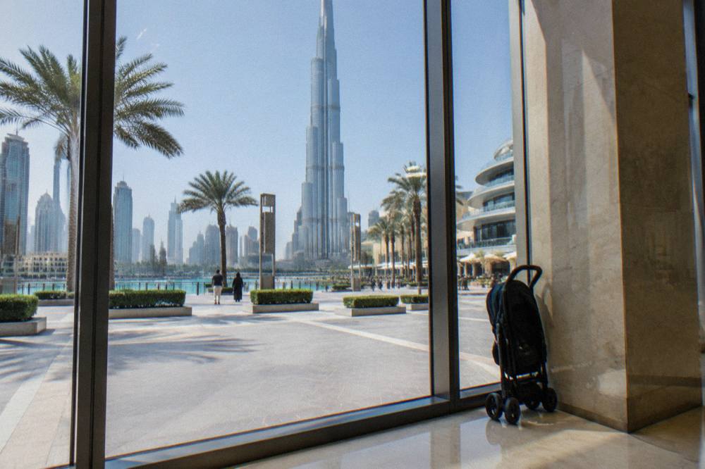 The open plaza and promenade around the base of the Burj Khalifa tower