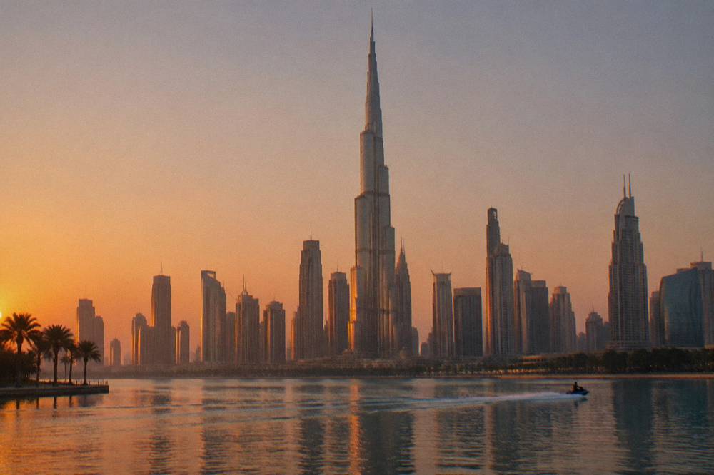 The Burj Khalifa seen from across Burj Lake in the evening