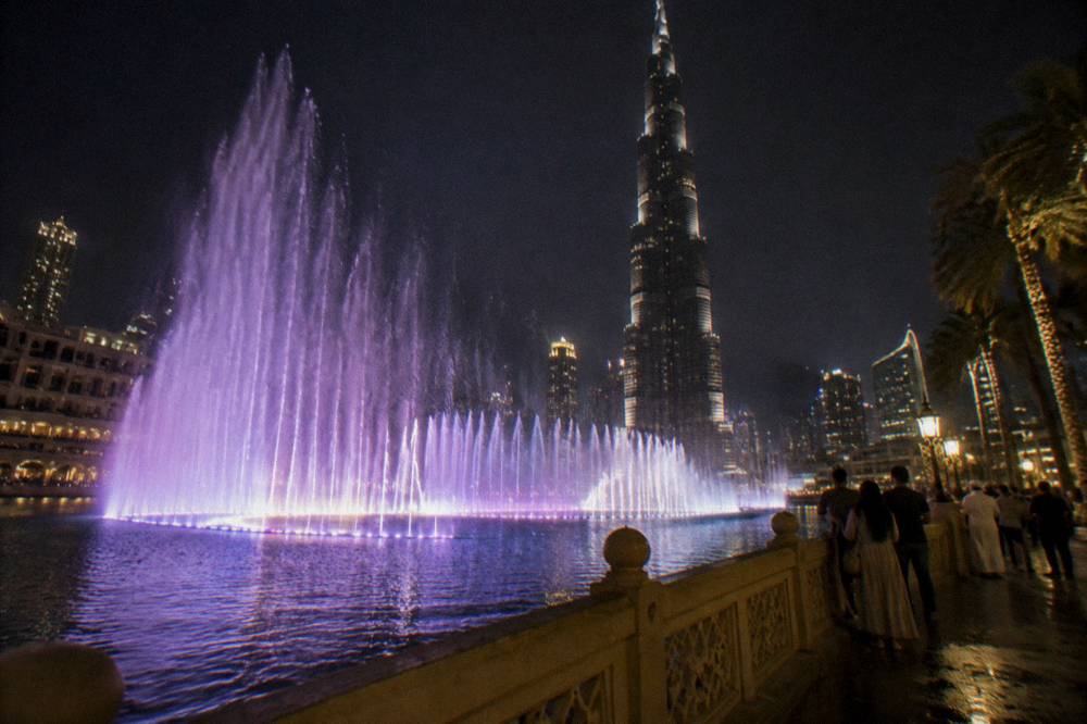 The Dubai Fountain area on Burj Lake with the Burj Khalifa above