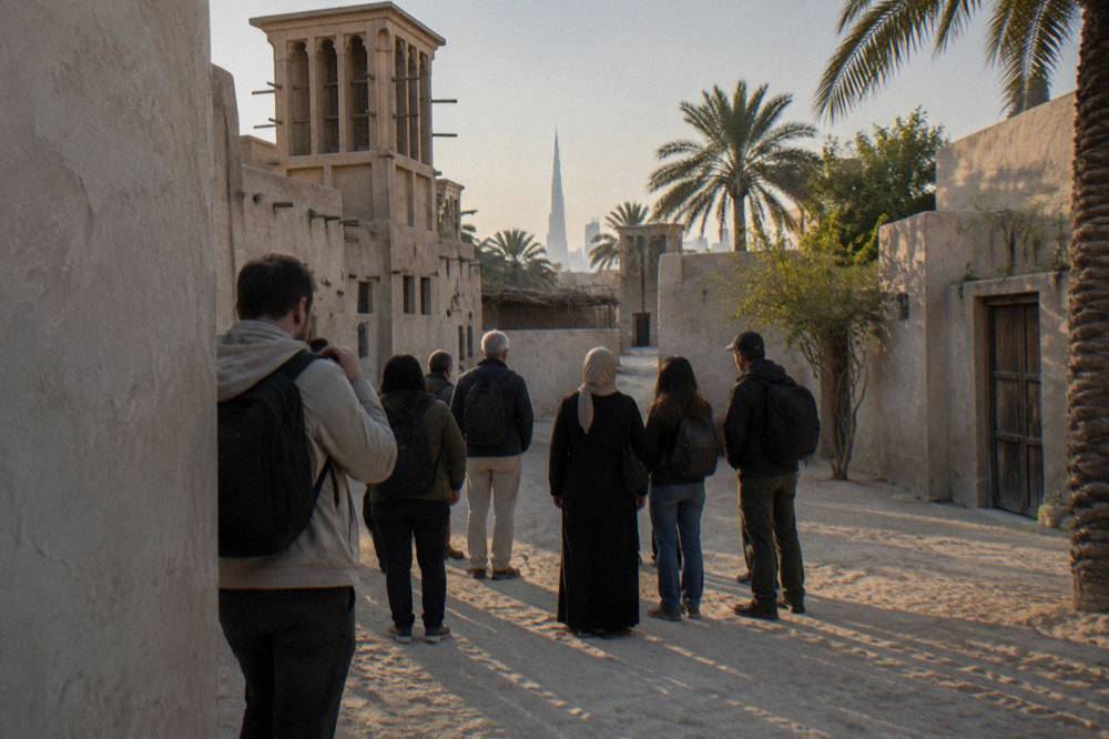 Walking tour group setting off from a meeting point in Old Dubai