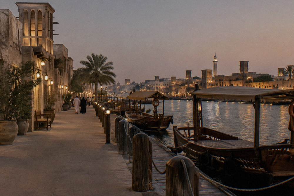A waterfront promenade beside moored boats lit at night in Dubai