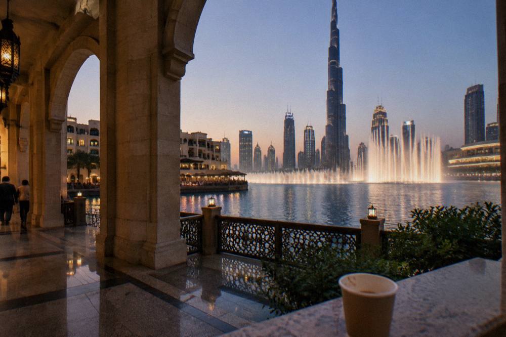 Evening view across a lake with fountain jets and illuminated towers