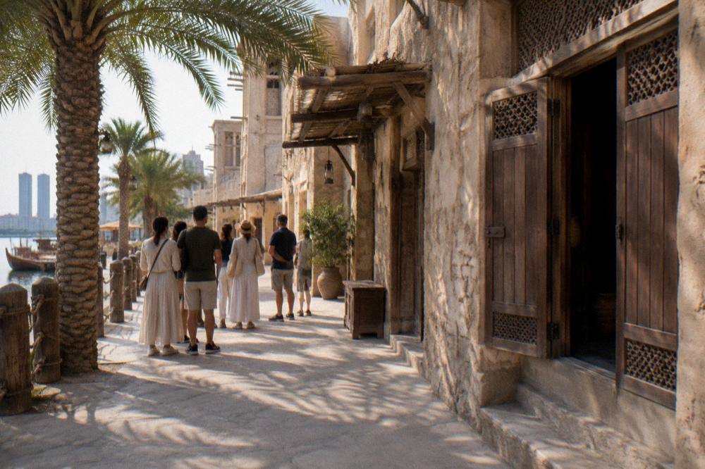 Heritage-style streets in Old Dubai with a walking group