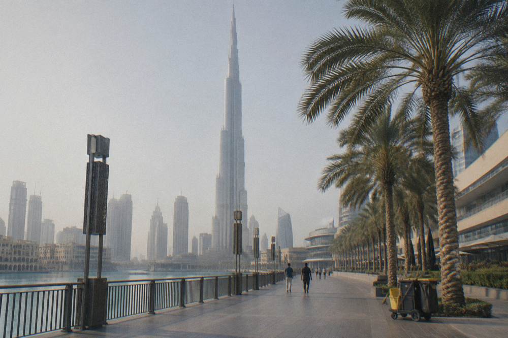 Exterior of a tall tower above a shopping mall and waterfront promenade