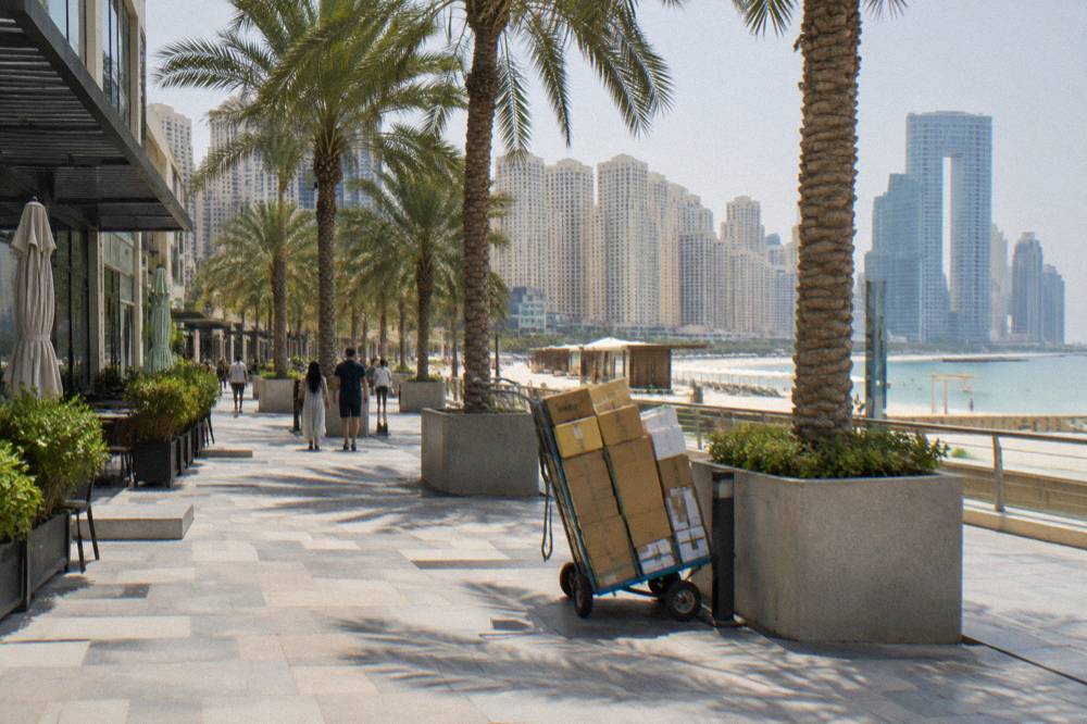 Pedestrian promenade with palm trees and shopfronts beside a beachfront district