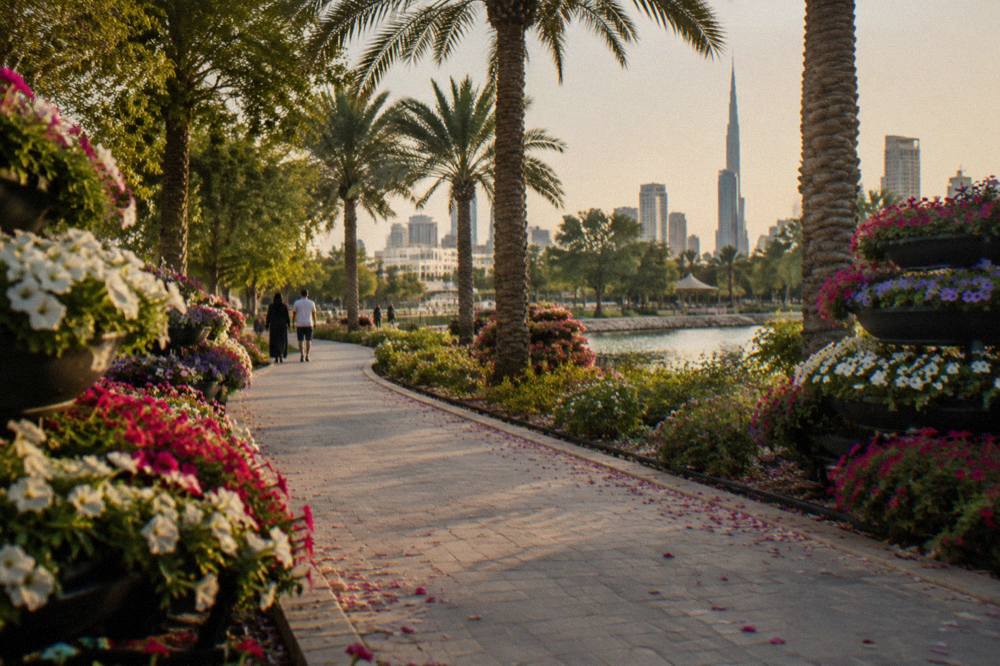 Rows of flower displays along a walkway in a large outdoor garden