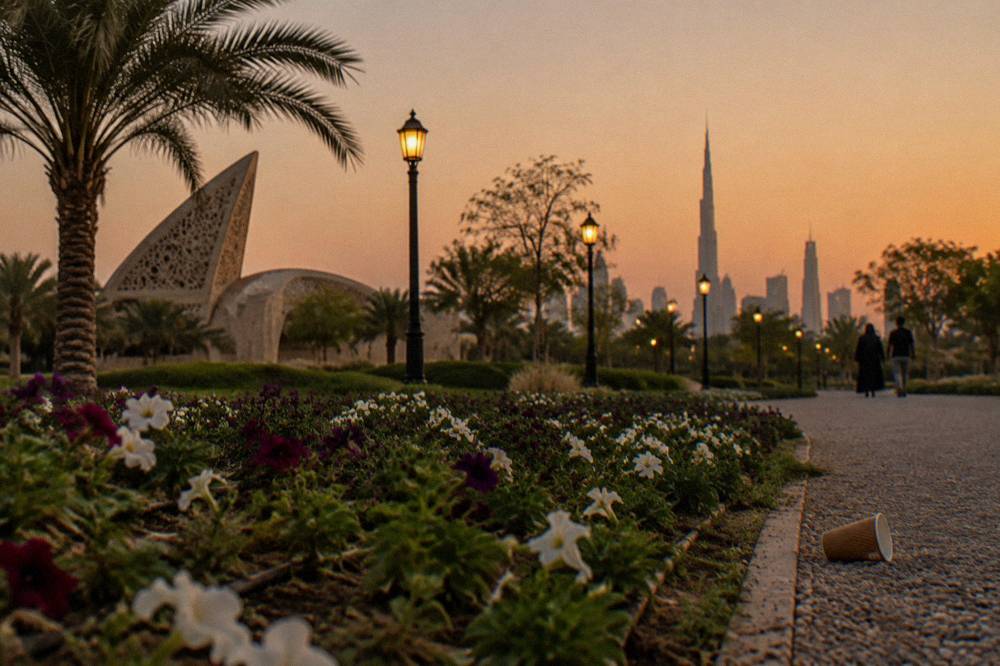 Illuminated outdoor displays in a garden at dusk