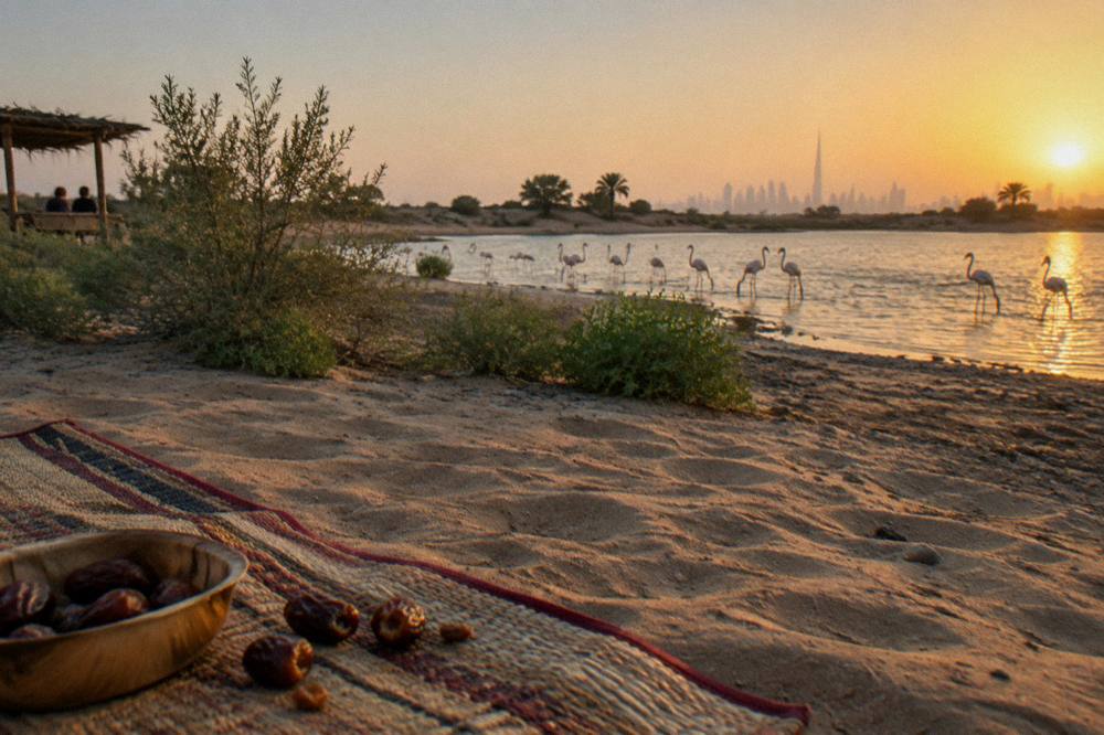 A lakeside picnic area in the desert at Al Qudra