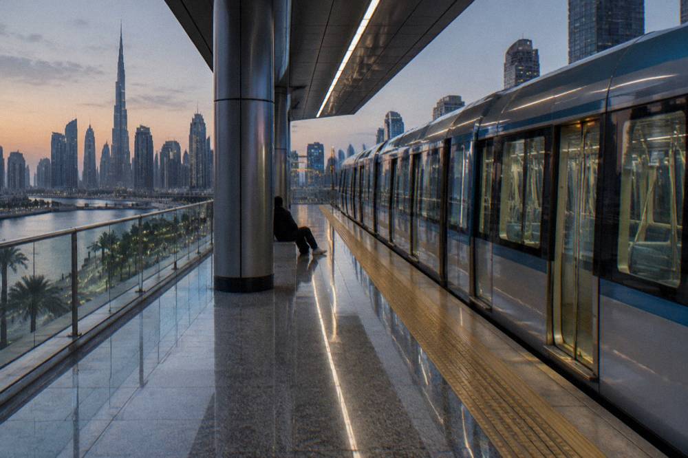 Dubai Metro station platform with a train at the platform edge