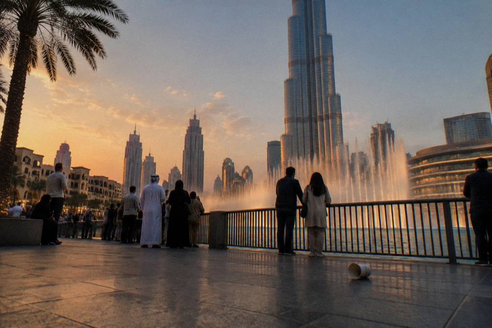 Dubai Fountain jets rising from Burj Lake with the promenade in the foreground