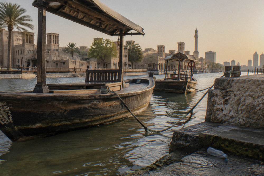 Traditional boats moored along the Dubai Creek waterfront