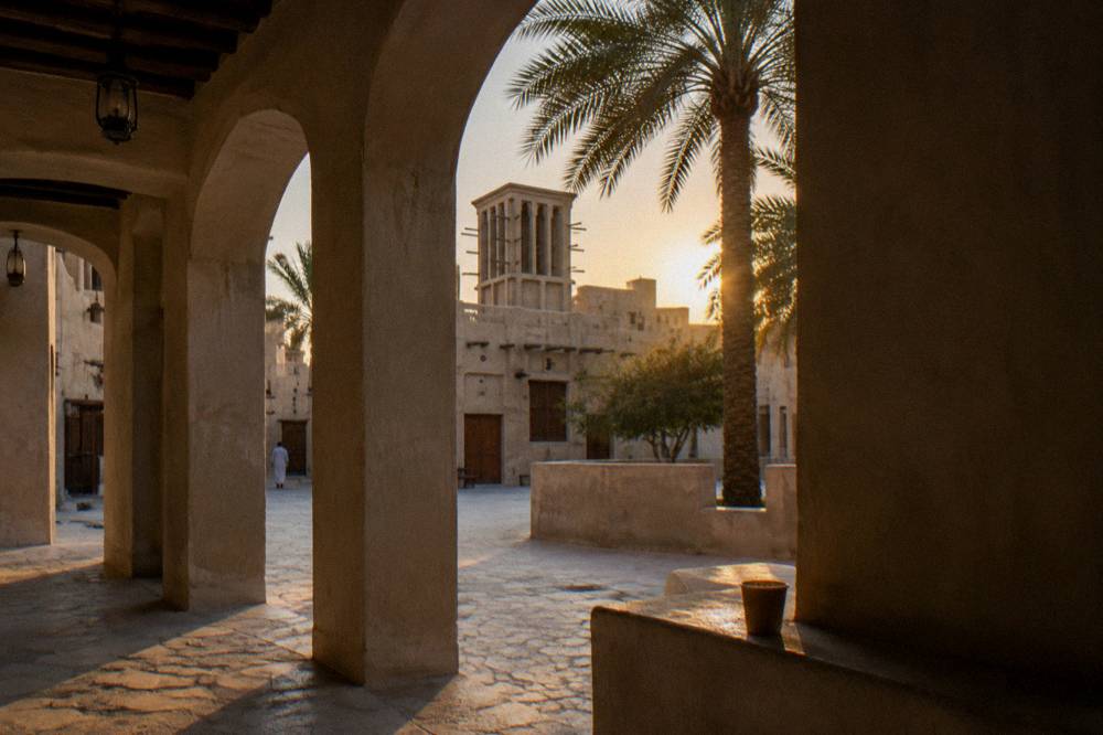 Heritage courtyard with benches and shaded arcades in Al Fahidi