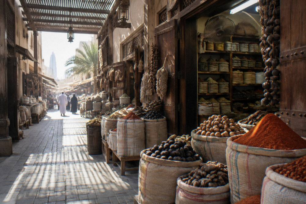Souk storefronts with goods displayed in covered Old Dubai lanes
