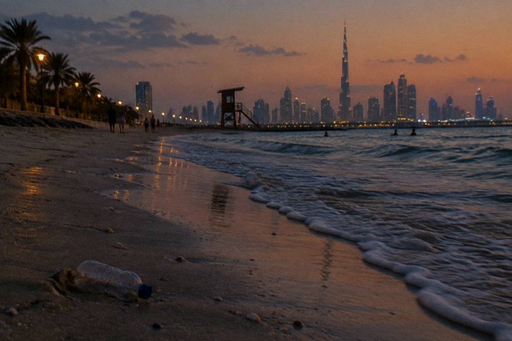 A beach shoreline at dusk with lamps along the promenade