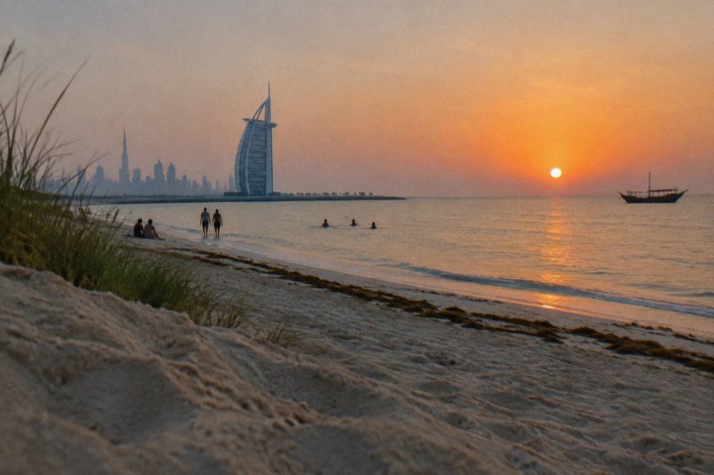 A calm sea horizon with the sun low over the water