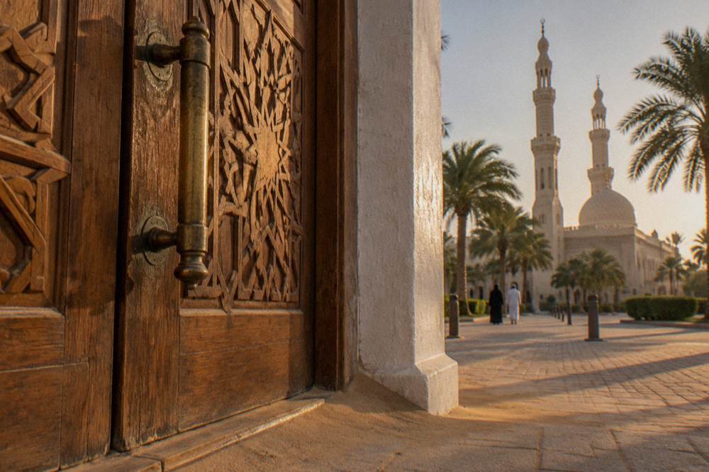 Carved wooden door set in a white stone wall with geometric detailing