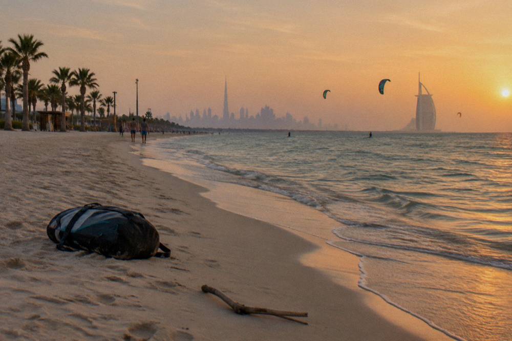 shoreline curving away with shallow water and distant hotel towers
